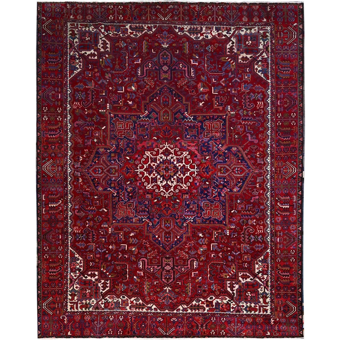 Carmine Red Tribal Weave Heris Oriental Rug, 9'8"x12'7", Good Condition: Carmine Red Tribal Weave Heris Oriental Rug, 9'8"x12'7", Good Condition Experience the rich history and cultural heritage of Turkey with this stunning Carmine Red Tribal Weave Heris Oriental Rug,