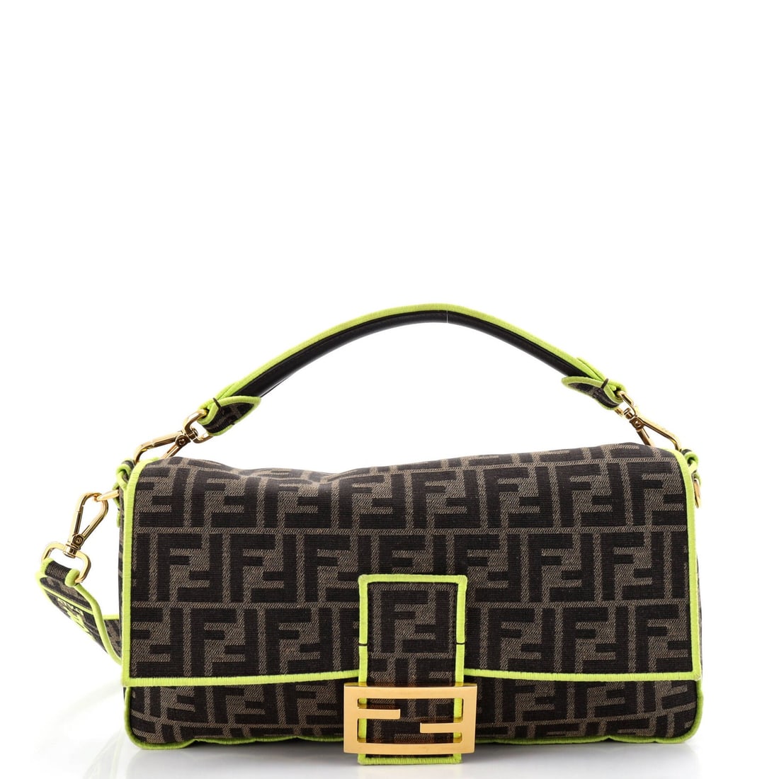 Fendi Baguette NM Bag in Zucca Canvas Large: Fendi Baguette NM Bag in Zucca Canvas Large Experience the iconic Fendi Baguette style in vibrant yellow, crafted from high-quality Zucca canvas that exudes effortless elegance. This spacious Large