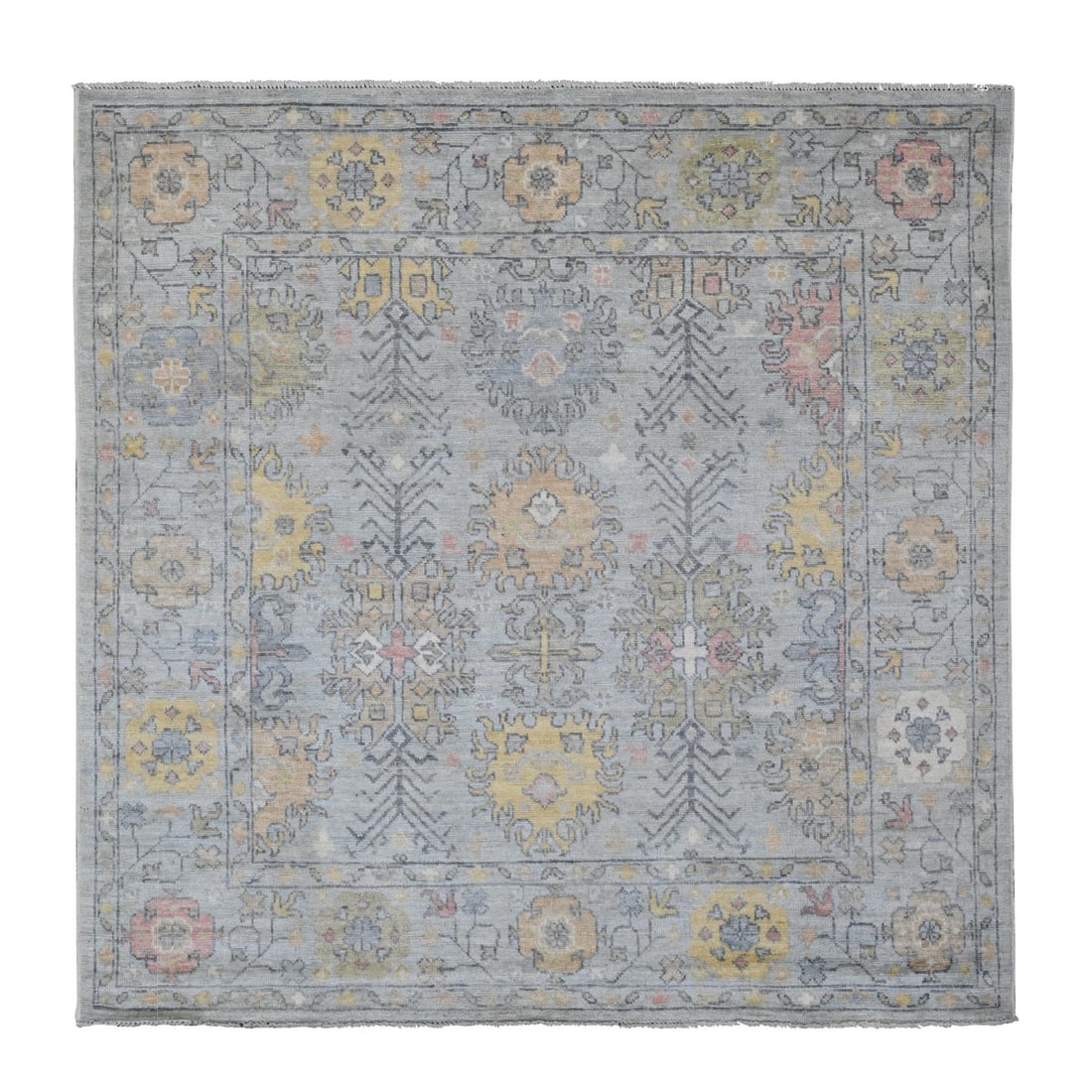Rug 6'1"x6'1" Gray Angora Oushak Leaf Design Hand Knotted All Wool Square: Rug 6'1"x6'1" Gray Angora Oushak Leaf Design Hand Knotted All Wool Square Experience the warmth and elegance of hand-knotted Turkish craftsmanship with this stunning 6'1"x6'1" Gray Angora Oushak Leaf