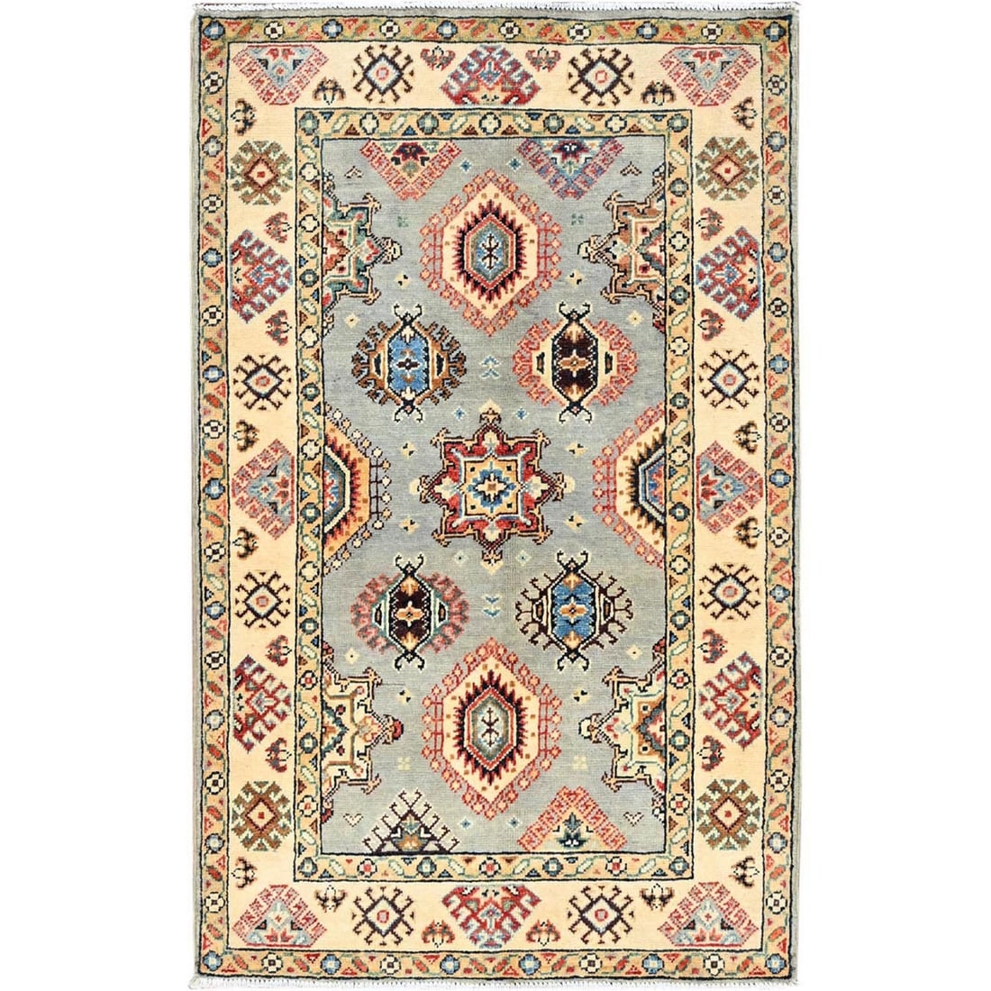 Rug 2'10"x4'7" Nimbus Cloud Gray Wool Special Kazak Oriental Dense Weave: Rug 2'10"x4'7" Nimbus Cloud Gray Wool Special Kazak Oriental Dense Weave Experience the timeless beauty of traditional Kazak weaving in this stunning 2'10"x4'7" wool rug, hand-knotted with a dense,