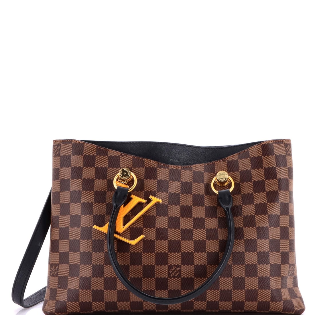 Louis Vuitton Damier LV Riverside Leather Handbag: Louis Vuitton Damier LV Riverside Leather Handbag Experience the timeless elegance of Louis Vuitton's iconic Damier LV Riverside Leather Handbag, boasting a rich brown canvas exterior with gold