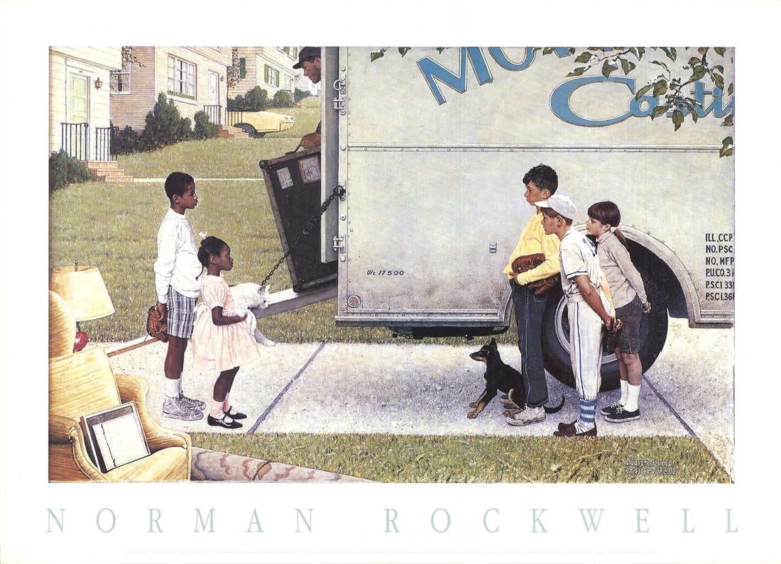 T NORMAN ROCKWELL Moving In 19.5" x 27" Poster Contemporary White Children Dog: T NORMAN ROCKWELL Moving In 19.5" x 27" Poster Contemporary White Children Dog A beautiful and iconic poster by Norman Rockwell, "Moving In", is up for grabs! This 19.5" x 27" offset lithograph
