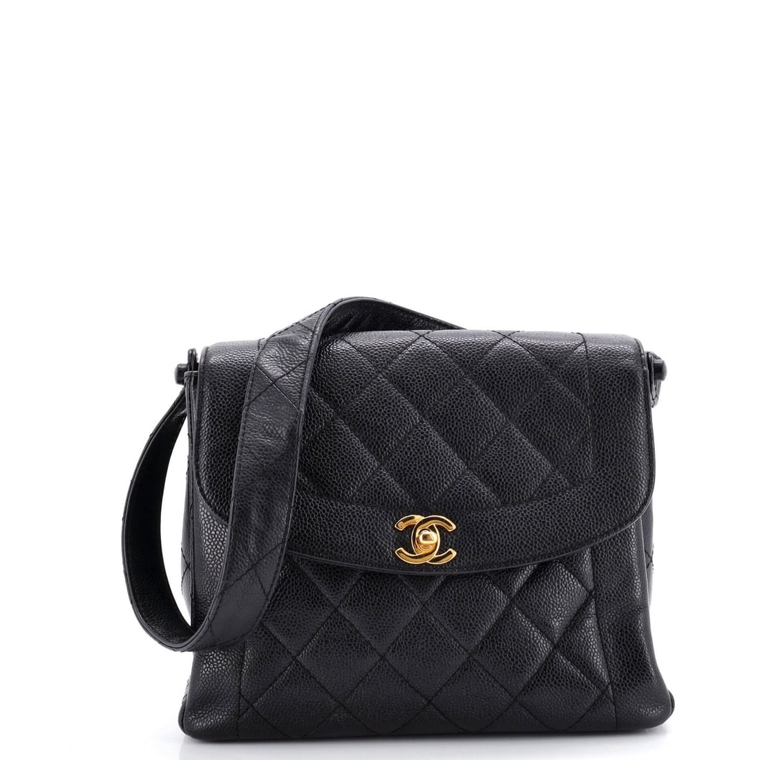 Chanel Vintage CC Flap Shoulder Bag - Quilted Caviar Medium: Chanel Vintage CC Flap Shoulder Bag - Quilted Caviar Medium Experience the timeless elegance of the Chanel Vintage CC Flap Shoulder Bag, crafted from rich black leather and adorned with gold