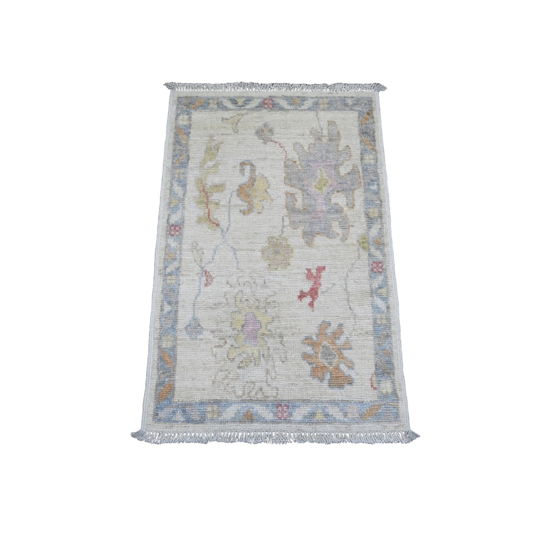 Rug 2'x3' White Afghan Angora Oushak Floral Pattern Hand Knotted Wool Mat: Rug 2'x3' White Afghan Angora Oushak Floral Pattern Hand Knotted Wool Mat Experience the timeless beauty of traditional Afghan craftsmanship with this stunning 2'x3' hand-knotted wool rug, featuring