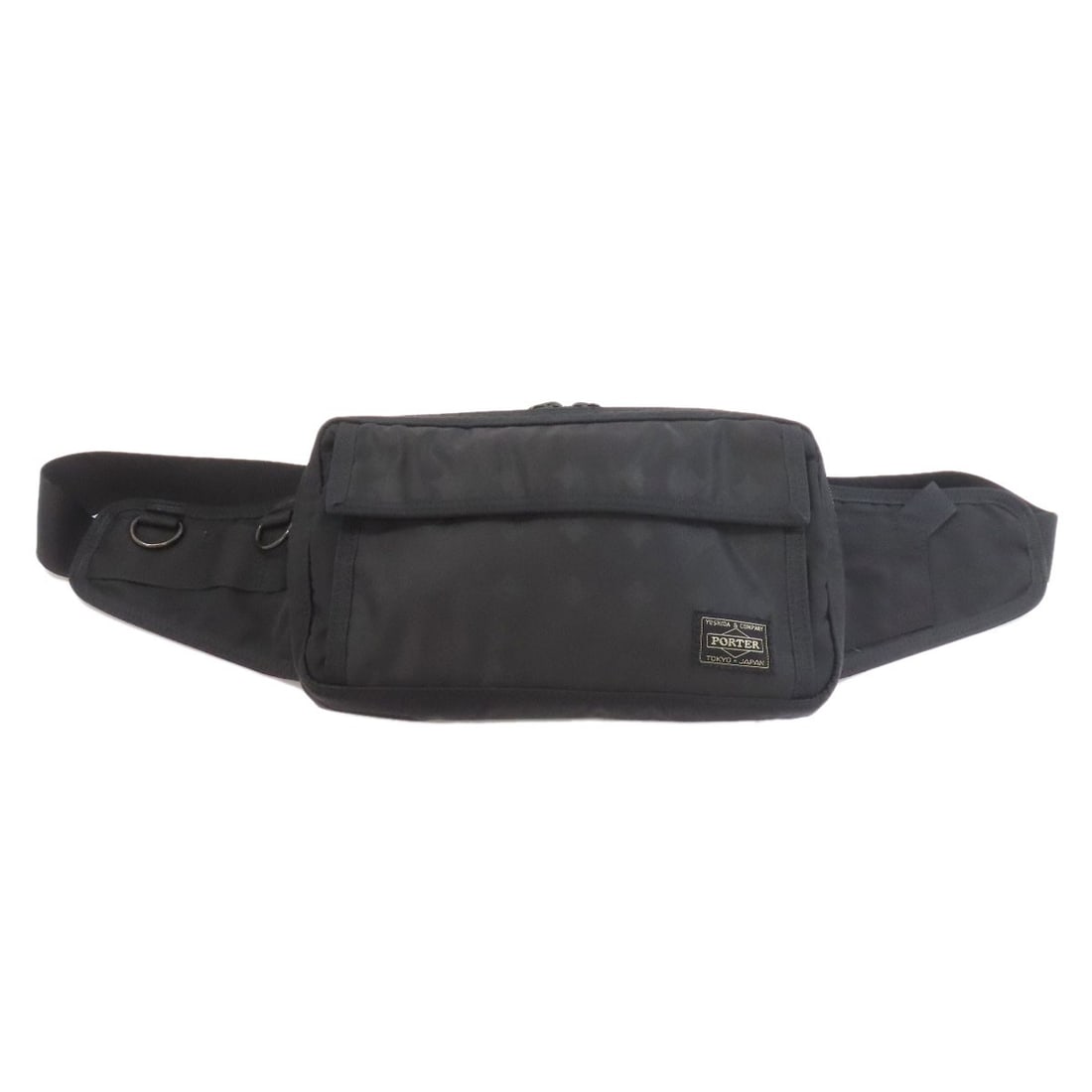 Nylon Porter Waist Bag with Logo: Nylon Porter Waist Bag with Logo A sleek and functional nylon waist bag from Japan, the PORTER Style Hip Bag is designed for everyday carry with its durable black material and logo detail. Its slim