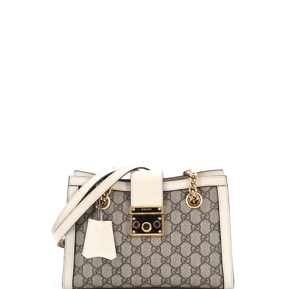 Gucci Small GG Coated Canvas Tote with Leather Padlock Chain: Gucci Small GG Coated Canvas Tote with Leather Padlock Chain Elevate your everyday with the iconic Gucci Small GG Coated Canvas Tote, boasting a sleek leather padlock chain strap and neutral brown