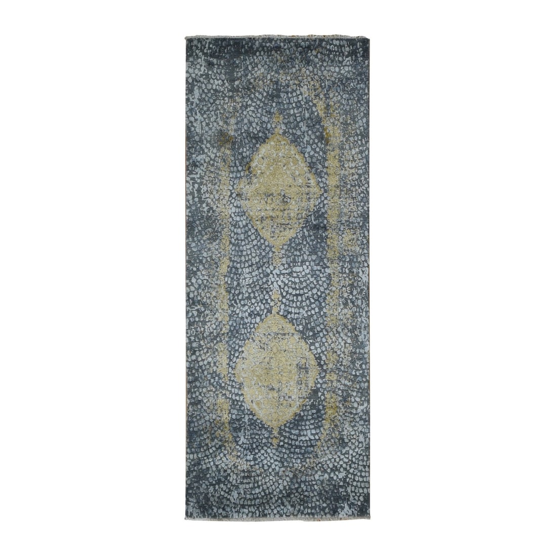 Rug 3'x8' Gray Zoroastrian Design Wool and Silk Hand Knotted Wide Runner: Rug 3'x8' Gray Zoroastrian Design Wool and Silk Hand Knotted Wide Runner Experience the rich cultural heritage of India with this stunning 3'x8' Gray Zoroastrian design wool and silk hand-knotted