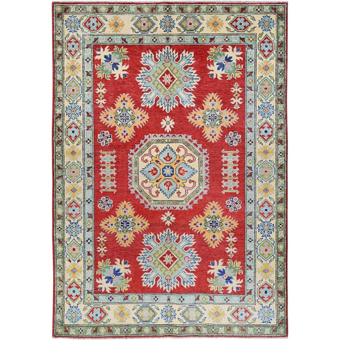 Red Kazak Oriental Rug, 4'10"x6'10", Hand-Knotted in Soft Wool with Tribal Motif.: Red Kazak Oriental Rug, 4'10"x6'10", Hand-Knotted in Soft Wool with Tribal Motif. Experience the rich cultural heritage of Afghanistan with this stunning Red Kazak Oriental Rug, hand-knotted in soft