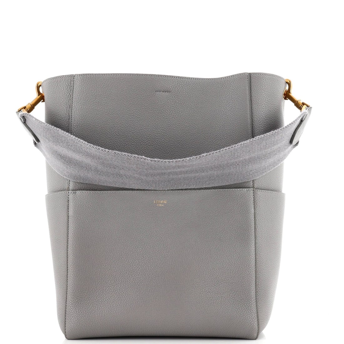 Calfskin Celine Sangle Seau Large Bag: Calfskin Celine Sangle Seau Large Bag Experience the timeless elegance of the Celine Sangle Seau Large Bag, crafted from rich calfskin leather in a sophisticated gray hue. With its spacious interior