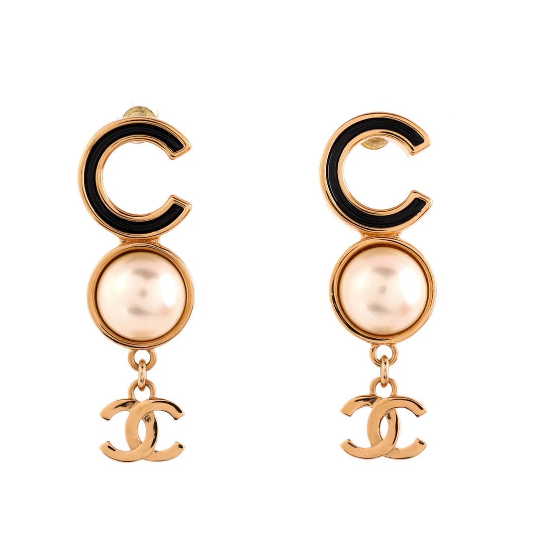 Chanel Coco CC Drop Earrings in Metal with Faux Pearl and Enamel: Chanel Coco CC Drop Earrings in Metal with Faux Pearl and Enamel Elevate your style with the iconic Chanel Coco CC Drop Earrings, boasting sleek gold metal frames adorned with faux pearl and enamel
