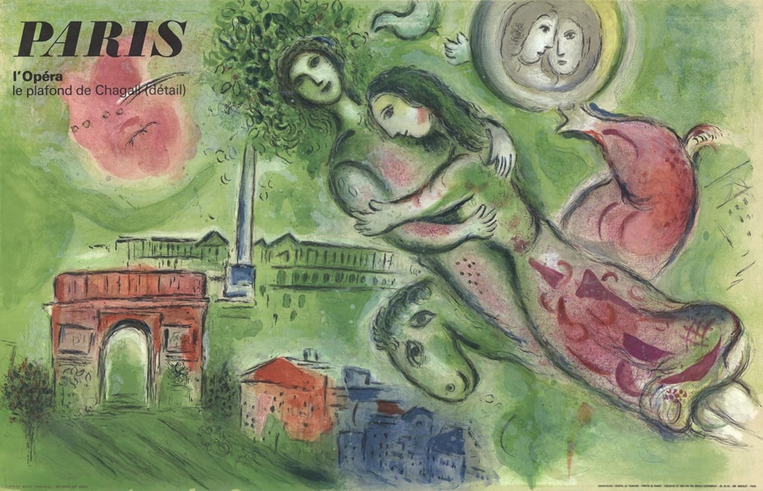 Chagall Lithograph, 1964 - Romeo & Juliette, 25" x 39", Green: Chagall Lithograph, 1964 - Romeo & Juliette, 25" x 39", Green Experience the enchanting world of Marc Chagall with this stunning 1964 lithograph, Romeo and Juliette, measuring 25" x 39". Created in