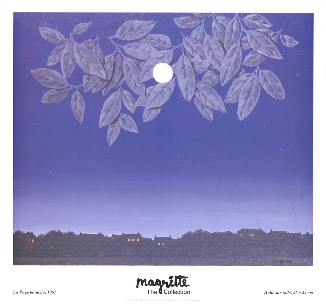 Surrealism RENE MAGRITTE La Page Blanche 36.5" x 39" Poster 1998: Surrealism RENE MAGRITTE La Page Blanche 36.5" x 39" Poster 1998 Experience the dreamlike world of surrealist master Rene Magritte with La Page Blanche, a striking 1998 offset lithograph poster that