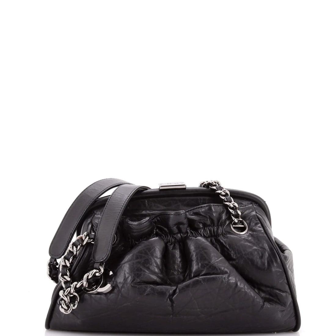Chanel Paris New York Pleated Frame Distressed Lambskin Small Bag: Chanel Paris New York Pleated Frame Distressed Lambskin Small Bag Experience the timeless elegance of Chanel's Paris New York Pleated Frame Distressed Lambskin Small Bag, boasting a sleek black exteri