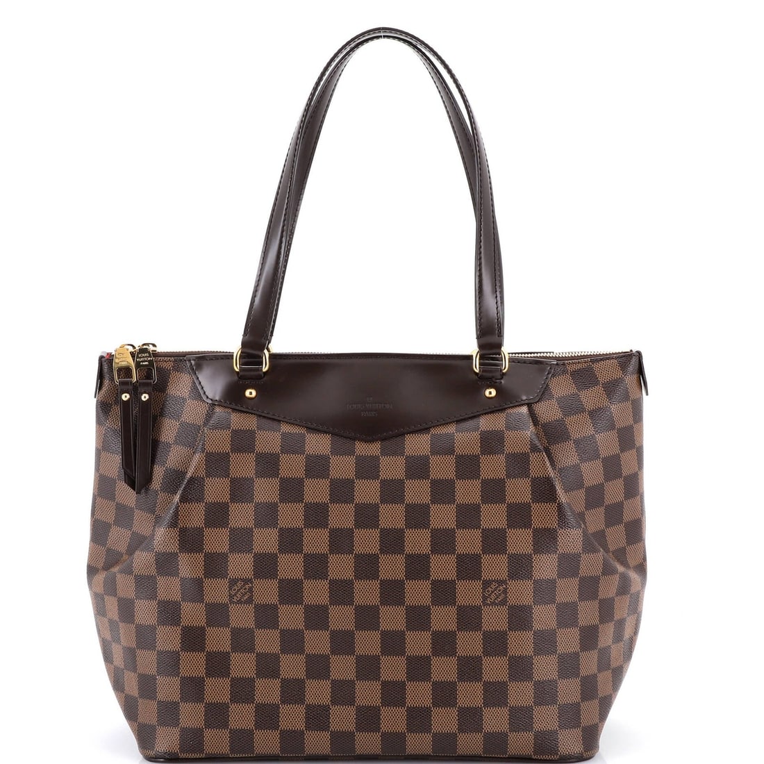 Louis Vuitton Damier GM Westminster Handbag: Louis Vuitton Damier GM Westminster Handbag Experience the timeless elegance of Louis Vuitton's iconic Damier GM Westminster Handbag, boasting a classic brown canvas exterior and striking red