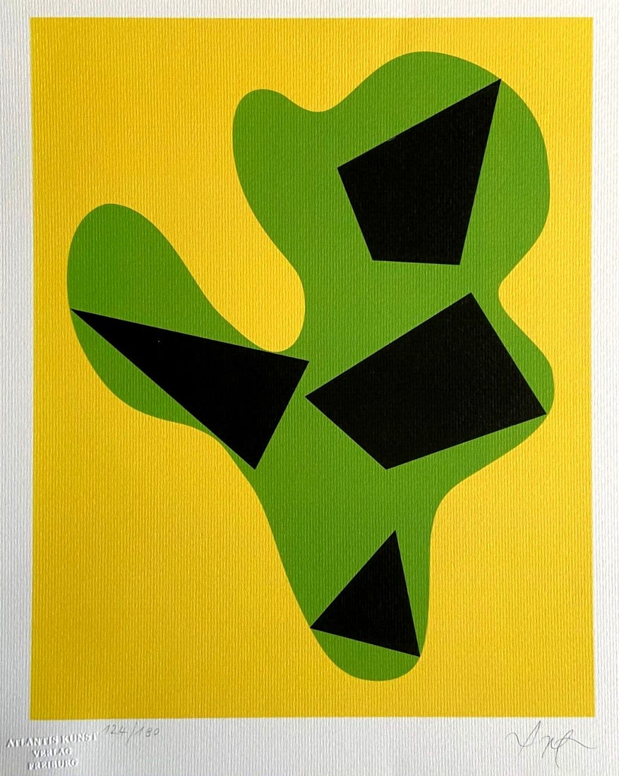 Jean Hans Arp Lithograph #Op: Jean Hans Arp Lithograph #Op A rare and striking lithograph by Jean Hans Arp, "Composition: yellow, green, black", is offered in this auction. Printed in 1978 in a limited edition of 180 specimens by