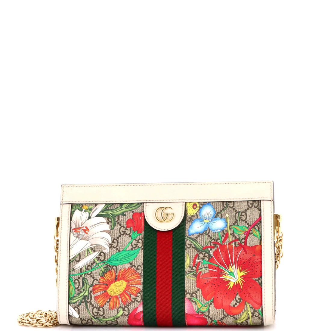 Gucci Ophidia Chain Shoulder Bag, Small, Flora GG Coated Canvas: Gucci Ophidia Chain Shoulder Bag, Small, Flora GG Coated Canvas The Gucci Ophidia Chain Shoulder Bag is a stylish and versatile accessory that exudes luxury. With its neutral canvas exterior adorned