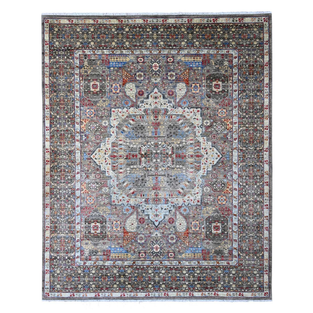 Rug 8'x9'8" Gray Hand Knotted 14th Century Mamluk Dynasty Pattern Wool: Rug 8'x9'8" Gray Hand Knotted 14th Century Mamluk Dynasty Pattern Wool Experience the rich history and craftsmanship of 14th century Afghanistan with this stunning Gray Hand Knotted Mamluk Dynasty