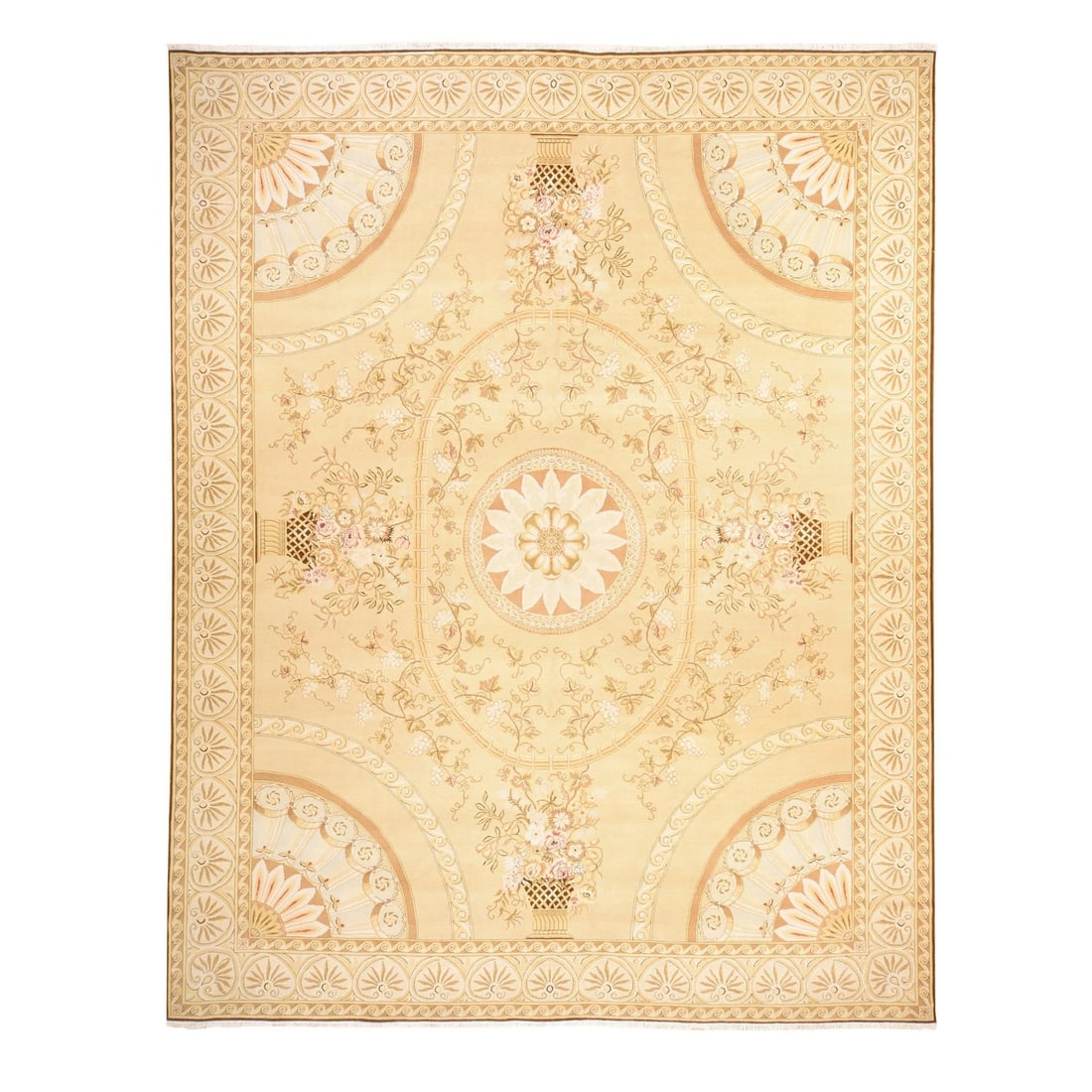 Oriental 12'2"x15'2" Beige Savonnerie Weave & Design Pure Wool Hand Knotted: Oriental 12'2"x15'2" Beige Savonnerie Weave & Design Pure Wool Hand Knotted Experience the timeless elegance of an authentic Oriental Aubusson-style rug, hand-knotted from 100% pure wool in a classic