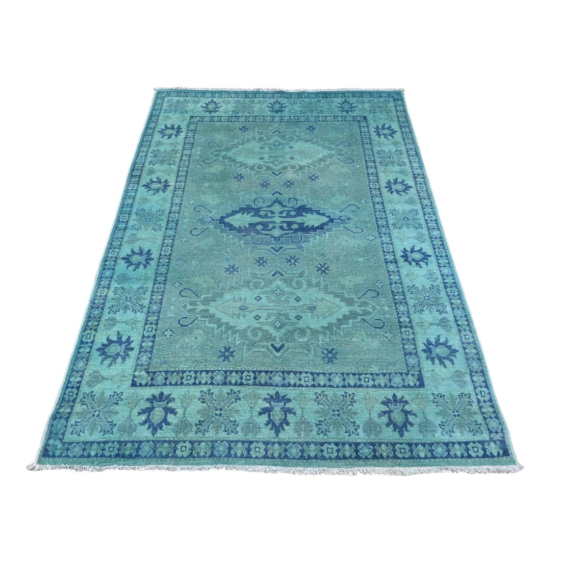 Rug 4'8"x6'6" Blue Overdyed Kazak Tribal Design 100% Wool Hand Knotted: Rug 4'8"x6'6" Blue Overdyed Kazak Tribal Design 100% Wool Hand Knotted Experience the rich cultural heritage of Afghanistan in this stunning 100% wool, hand-knotted Kazak rug. Measuring 4'8"x6'6",