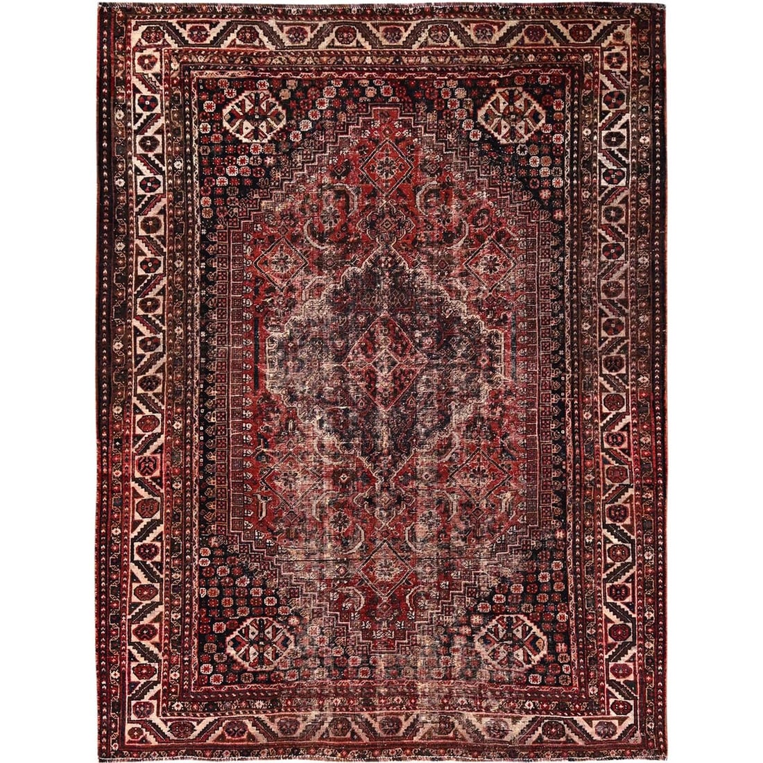Wool 7'2"x9'8" Red Vintage Zoroastrian Sheeraz Medallion Design Hand Knotted: Wool 7'2"x9'8" Red Vintage Zoroastrian Sheeraz Medallion Design Hand Knotted Experience the rich history and cultural heritage of Turkey with this stunning 1950s vintage wool rug, hand-knotted in