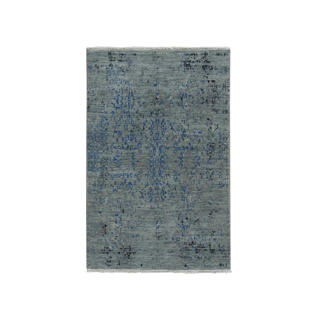 3'1"x5' Gray Wool and Silk Broken Design Tone on Hand Knotted Rug: 3'1"x5' Gray Wool and Silk Broken Design Tone on Hand Knotted Rug Experience the timeless elegance of India's rich cultural heritage in this stunning 3'1"x5'0" hand-knotted rug, expertly woven from