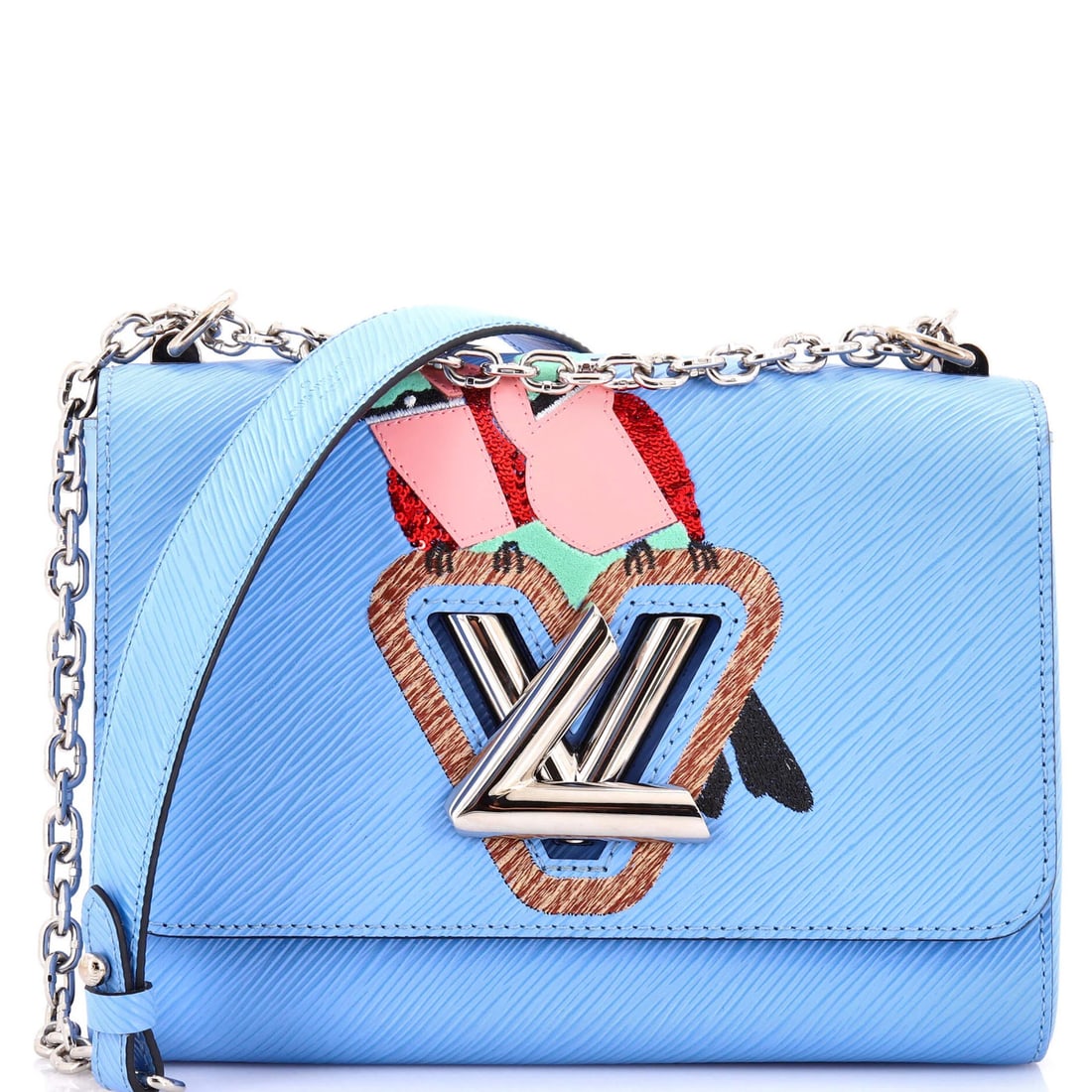 Louis Vuitton Twist Handbag with Bird Motif Epi Leather MM: Louis Vuitton Twist Handbag with Bird Motif Epi Leather MM The Louis Vuitton Twist Handbag with Bird Motif Epi Leather MM is a stunning blue shoulder bag that exudes luxury and sophistication. With