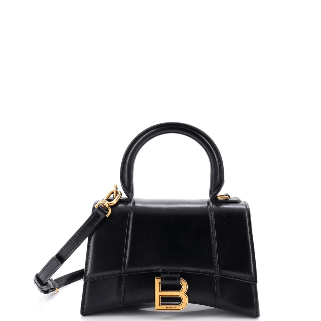 Small Leather Balenciaga Hourglass Top Handle Bag: Small Leather Balenciaga Hourglass Top Handle Bag Elevate your style with this stunning Small Leather Balenciaga Hourglass Top Handle Bag, boasting sleek black leather exterior and aged gold hardware
