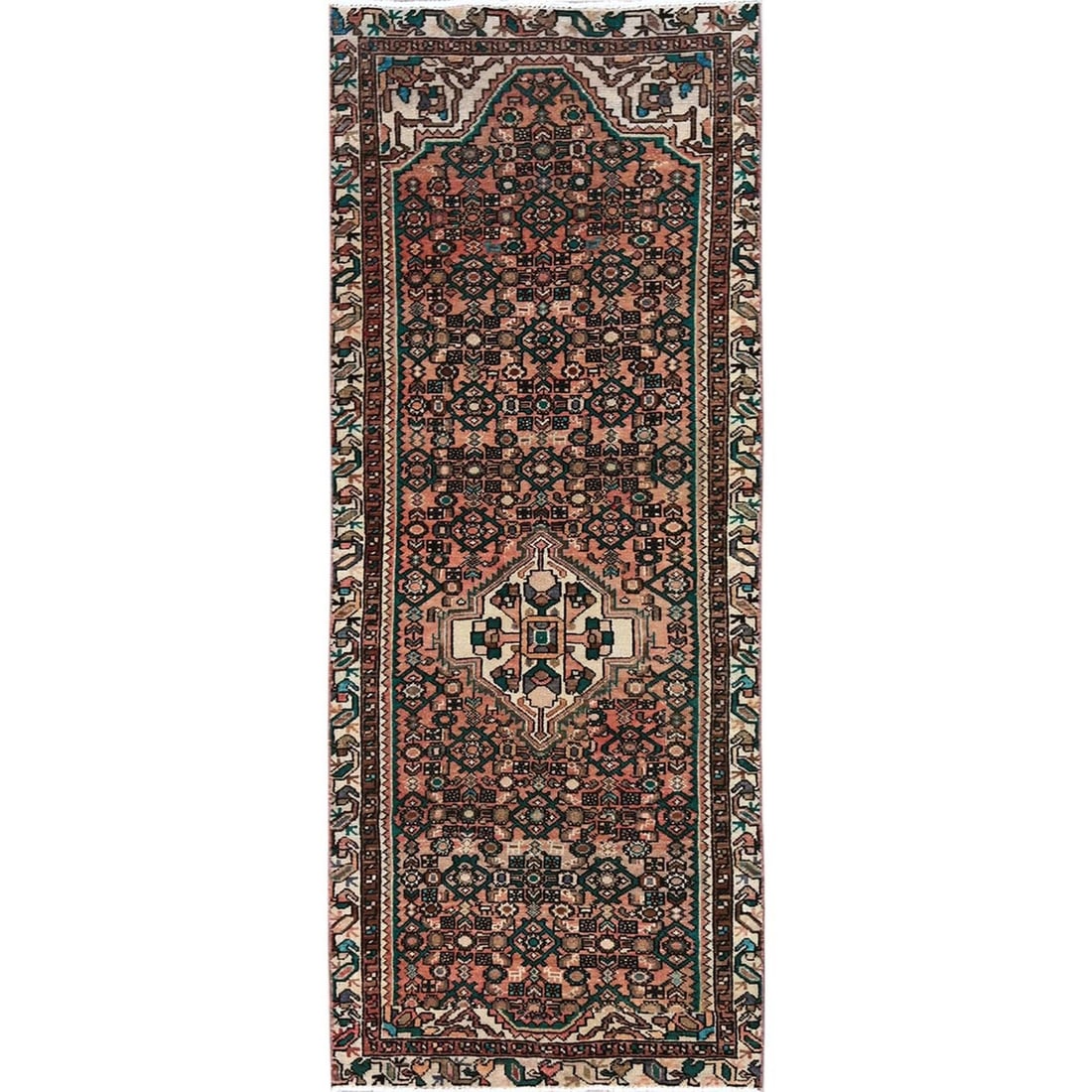 Rug 3'x8'1" Peach Vintage Zoroastrian Khamadan Hand Knotted Wool Runner: Rug 3'x8'1" Peach Vintage Zoroastrian Khamadan Hand Knotted Wool Runner Experience the rich cultural heritage of Turkey with this stunning 3'x8'1" Peach Vintage Zoroastrian Khamadan Hand Knotted Wool