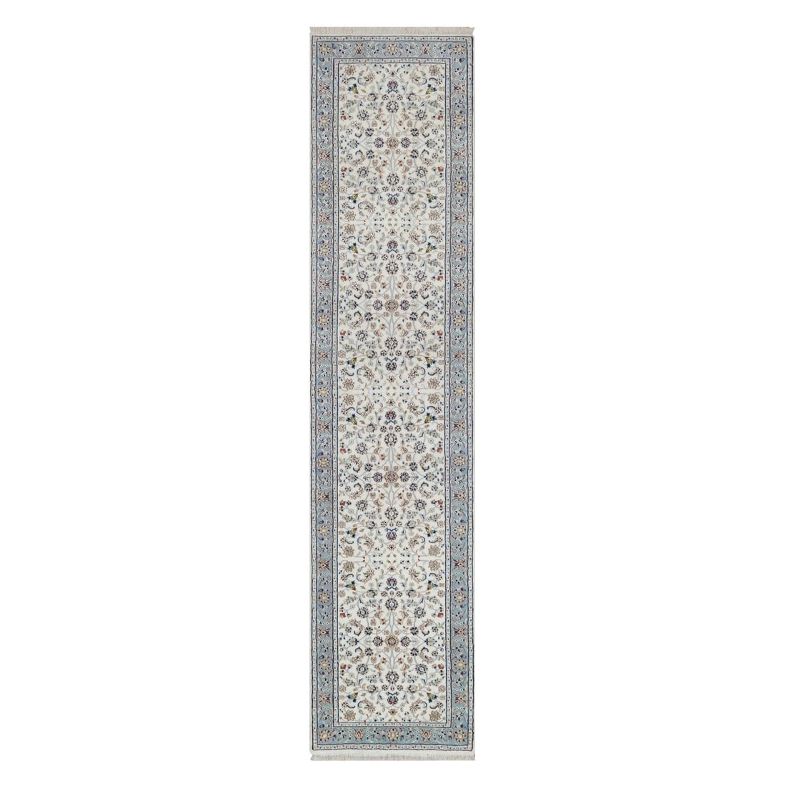 Ivory Wool & Silk Nain All Over Design Hand-Knotted 2'10"x12'3" Runner Rug: Ivory Wool & Silk Nain All Over Design Hand-Knotted 2'10"x12'3" Runner Rug Experience the timeless elegance of India's rich cultural heritage with this exquisite hand-knotted Nain-style runner rug, ex