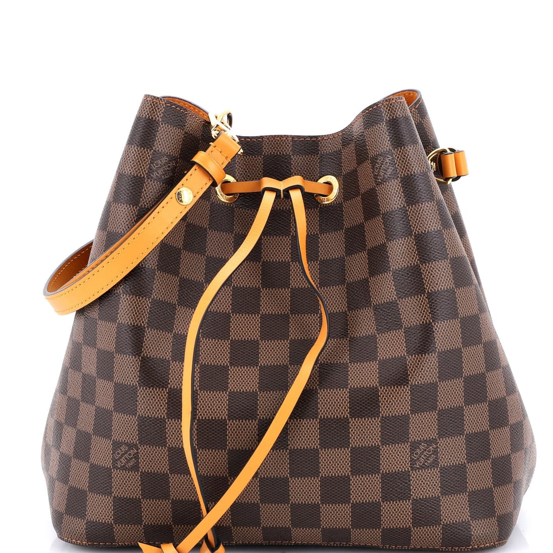 Louis Vuitton NeoNoe Handbag in Damier Leather MM: Louis Vuitton NeoNoe Handbag in Damier Leather MM The Louis Vuitton NeoNoe Handbag in Damier Leather MM is a timeless classic, boasting the iconic brand's signature canvas-coated exterior and rich