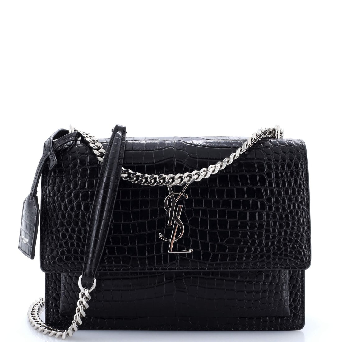 Medium Saint Laurent Sunset Crossbody Bag Crocodile Embossed Leather: Medium Saint Laurent Sunset Crossbody Bag Crocodile Embossed Leather Elevate your evening look with the iconic Saint Laurent Sunset Crossbody Bag, crafted from luxurious crocodile embossed leather in