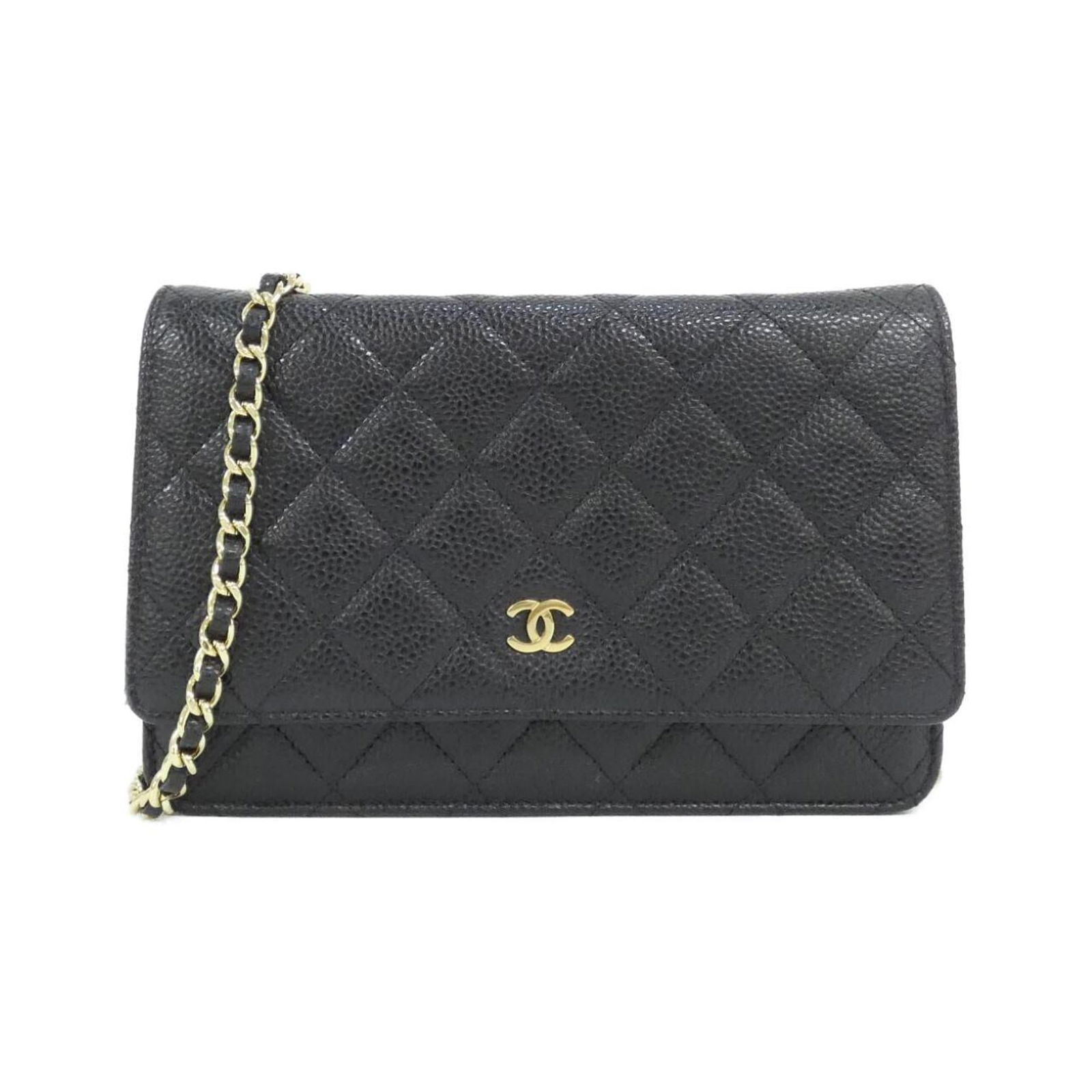 Chanel Grained Calfskin Chain Shoulder Wallet: Chanel Grained Calfskin Chain Shoulder Wallet A timeless Chanel shoulder wallet, crafted from rich grained calfskin and adorned with a sleek chain strap, adds an effortless touch of sophistication to