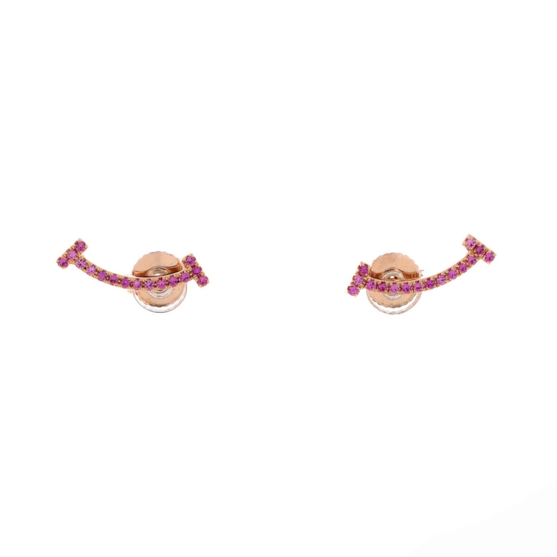 Tiffany & Co. T Smile Stud Earrings in 18K Rose Gold with Pink Sapphires: Tiffany & Co. T Smile Stud Earrings in 18K Rose Gold with Pink Sapphires Elevate your elegance with the iconic Tiffany & Co. T Smile Stud Earrings, crafted in 18K rose gold and set with delicate pink