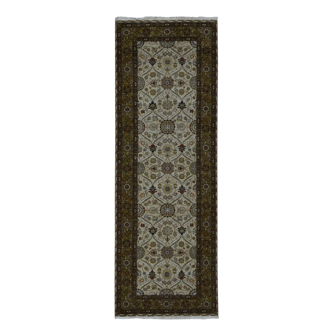 Brown Hrikook Design Wool 300 KPSI Hand-Knotted 3'6"x10'3" Runner Rug: Brown Hrikook Design Wool 300 KPSI Hand-Knotted 3'6"x10'3" Runner Rug Experience the rich beauty of Indian craftsmanship with this stunning Brown Hrikook Design Wool Hand-Knotted Runner Rug, expertly