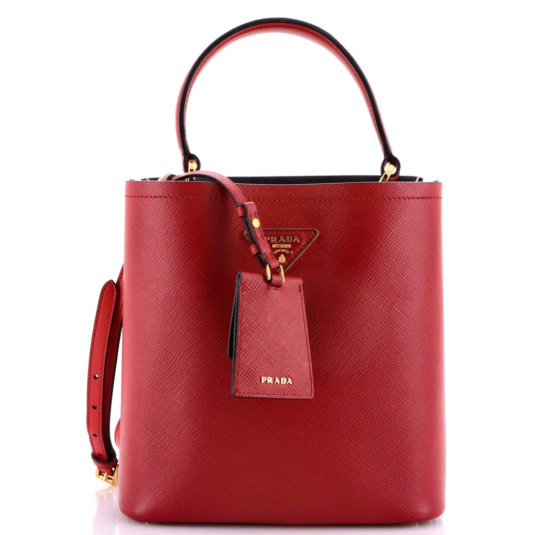 Prada Panier Bucket Bag in Saffiano Leather, Medium: Prada Panier Bucket Bag in Saffiano Leather, Medium The Prada Panier Bucket Bag is a timeless classic, boasting sleek Saffiano leather exterior in bold red and sturdy gold hardware. With its spacious