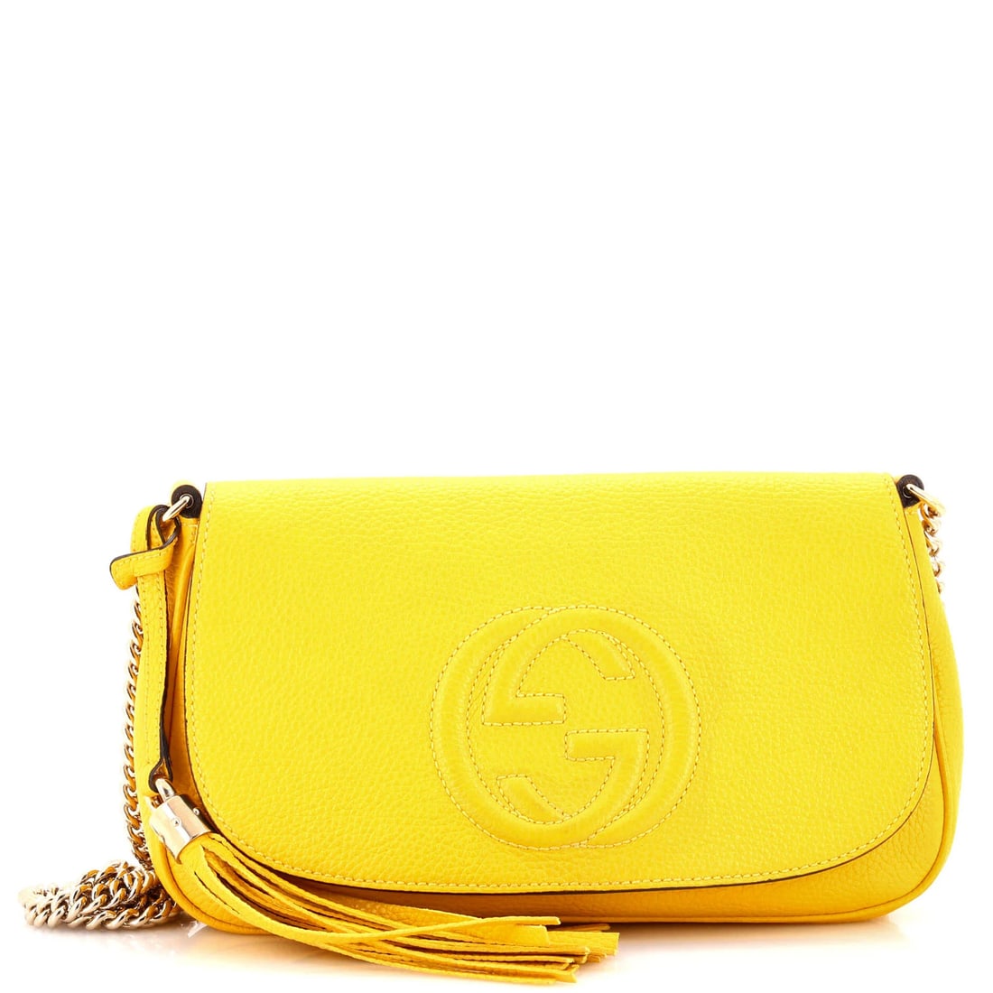 Gucci Soho Medium Leather Crossbody Chain Bag: Gucci Soho Medium Leather Crossbody Chain Bag The Gucci Soho Medium Leather Crossbody Chain Bag is a vibrant and stylish accessory that adds a pop of yellow to any outfit. With its medium leather