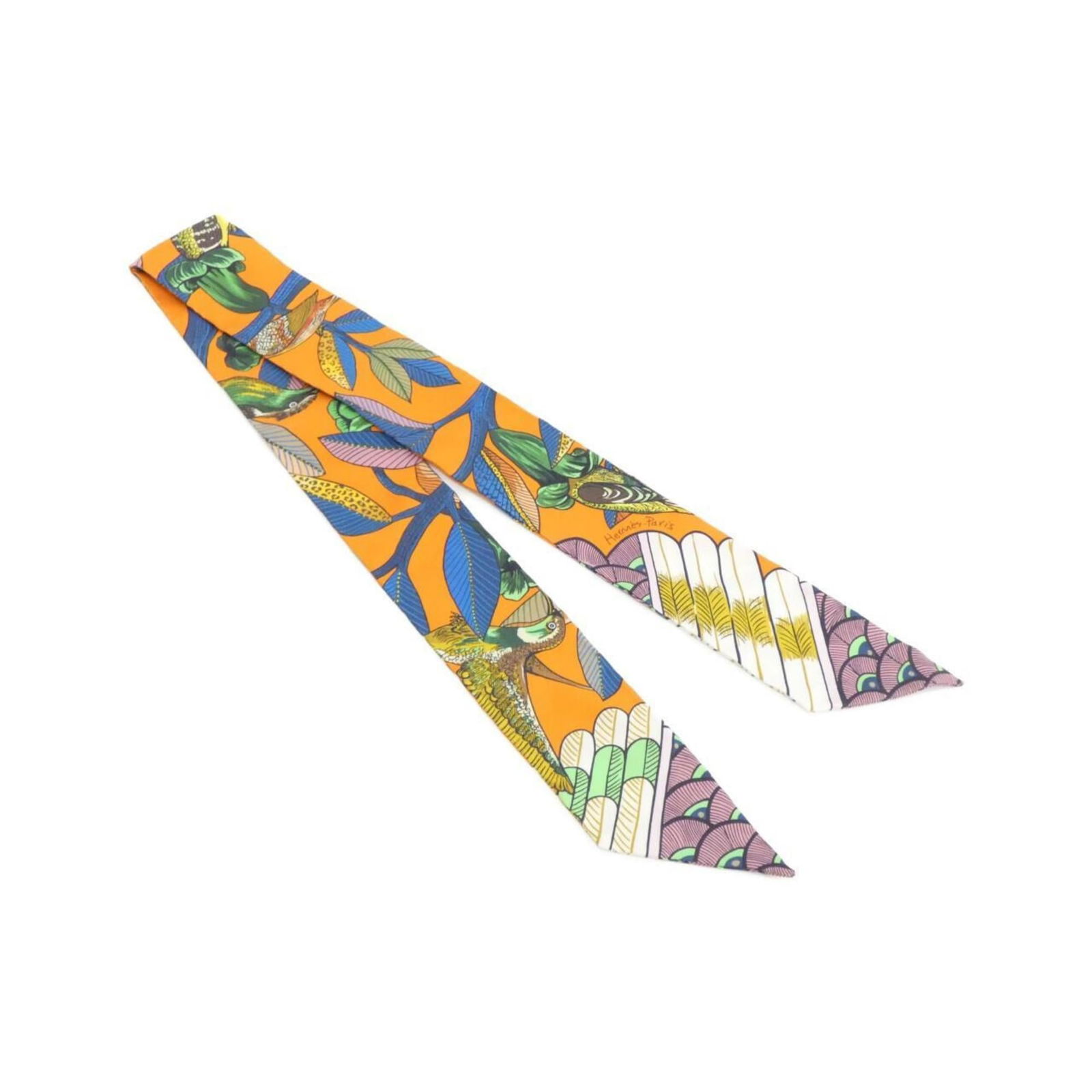 Hermes Silk Scarf: Hermes Silk Scarf A pre-owned Hermes silk scarf in vibrant blue and orange hues, adding a pop of color to any outfit. Made from luxurious 100% silk, this iconic accessory boasts the signature Herm?s