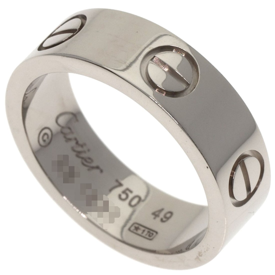 CARTIER Love Ring #49 in K18 White Gold: CARTIER Love Ring #49 in K18 White Gold The iconic CARTIER Love Ring #49 in K18 White Gold is a timeless masterpiece, boasting sleek lines and a sophisticated silver-toned exterior that shimmers with