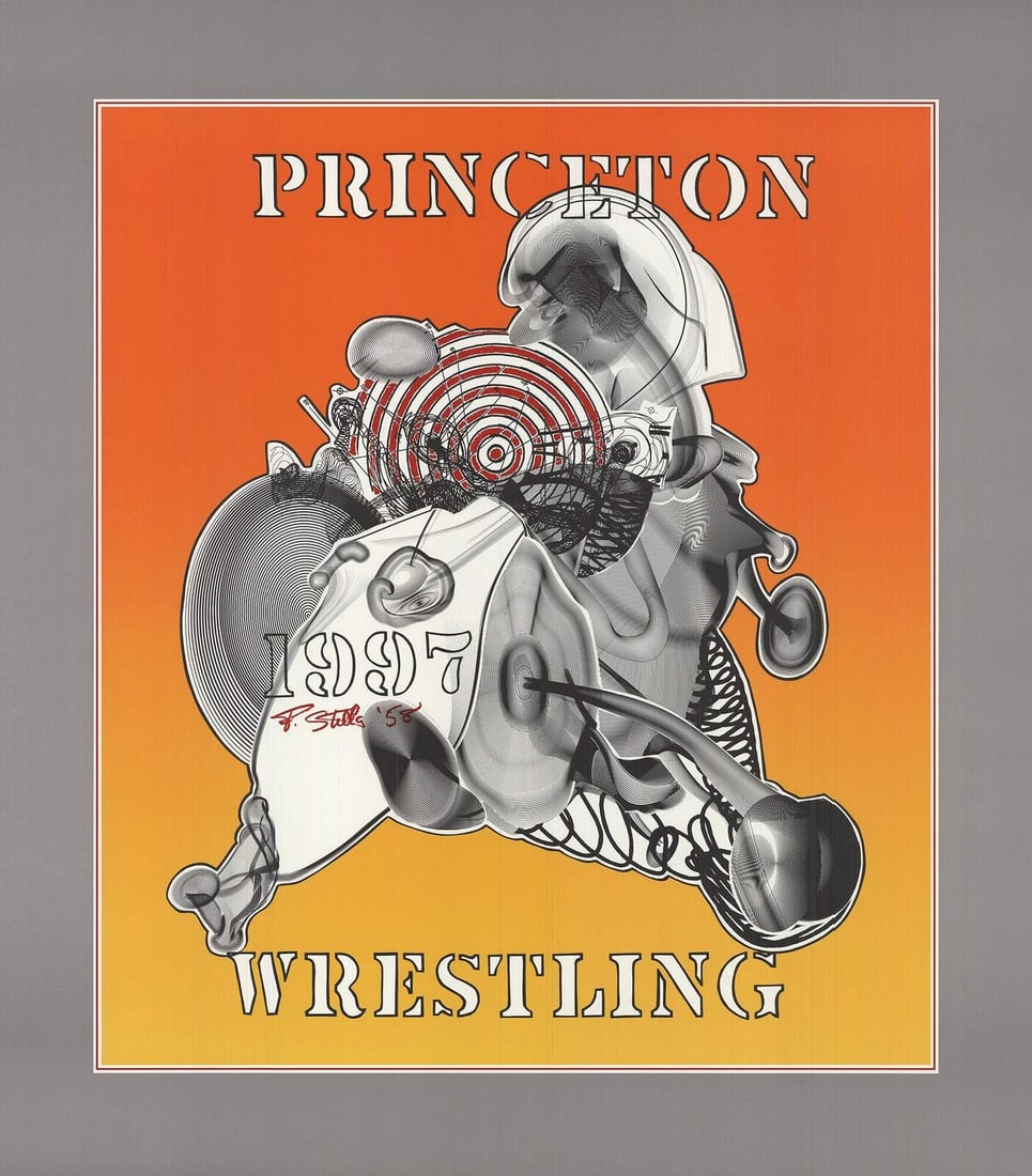 Minimali FRANK STELLA Princeton Wrestling 29.25" x 25.75" Offset Lithograph 1998: Minimali FRANK STELLA Princeton Wrestling 29.25" x 25.75" Offset Lithograph 1998 A stunning offset lithograph by renowned artist Frank Stella, Princeton Wrestling (1998) is a masterful abstract piece
