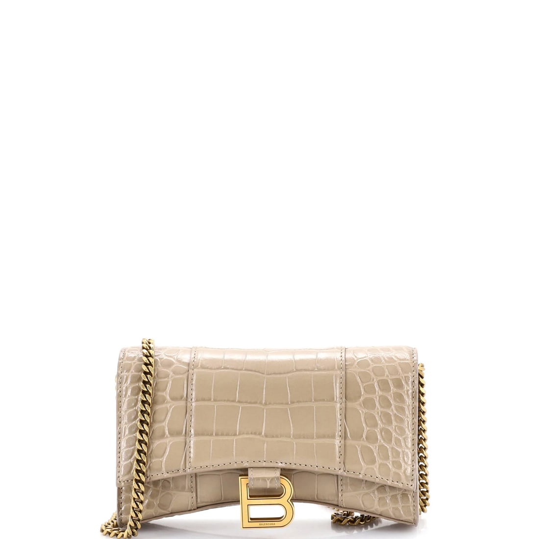 Balenciaga Hourglass Chain Wallet - Crocodile Embossed Leather: Balenciaga Hourglass Chain Wallet - Crocodile Embossed Leather Elevate your style with the iconic Balenciaga Hourglass Chain Wallet, boasting sleek gray crocodile embossed leather and aged gold