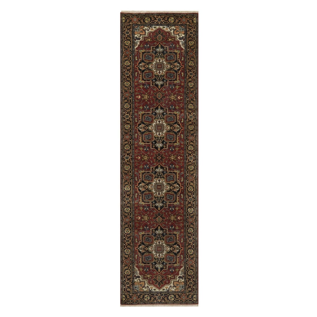 Revival 2'8"x10' Red Hand Knotted Soft Wool Rug Runner Antiqued Fine Heris: Revival 2'8"x10' Red Hand Knotted Soft Wool Rug Runner Antiqued Fine Heris Experience the rich heritage of India with this stunning Revival hand-knotted wool rug runner, boasting an intricate