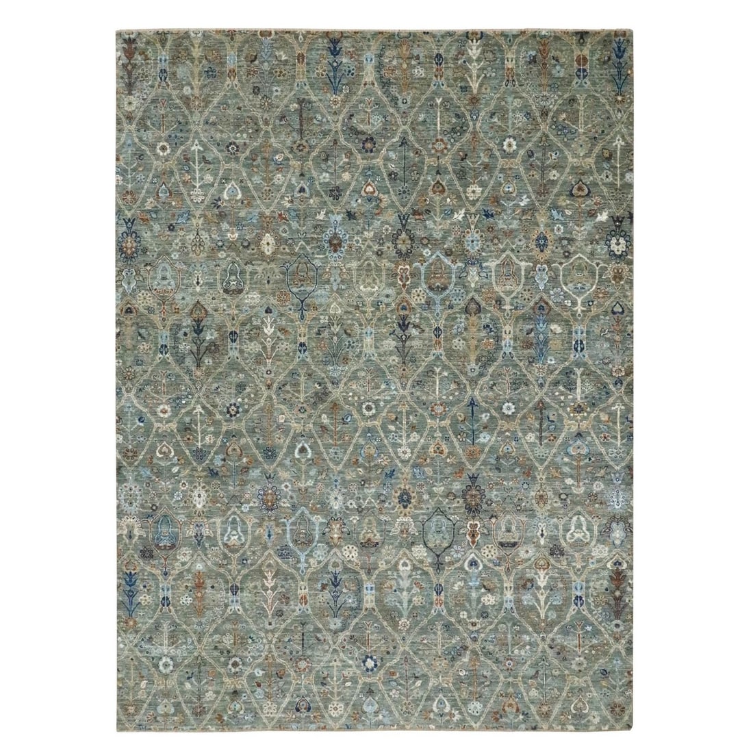 Design 9'1"x12' Green Hand Knotted Pure Wool Rug Trellis Borderless Garden (1 of 11)