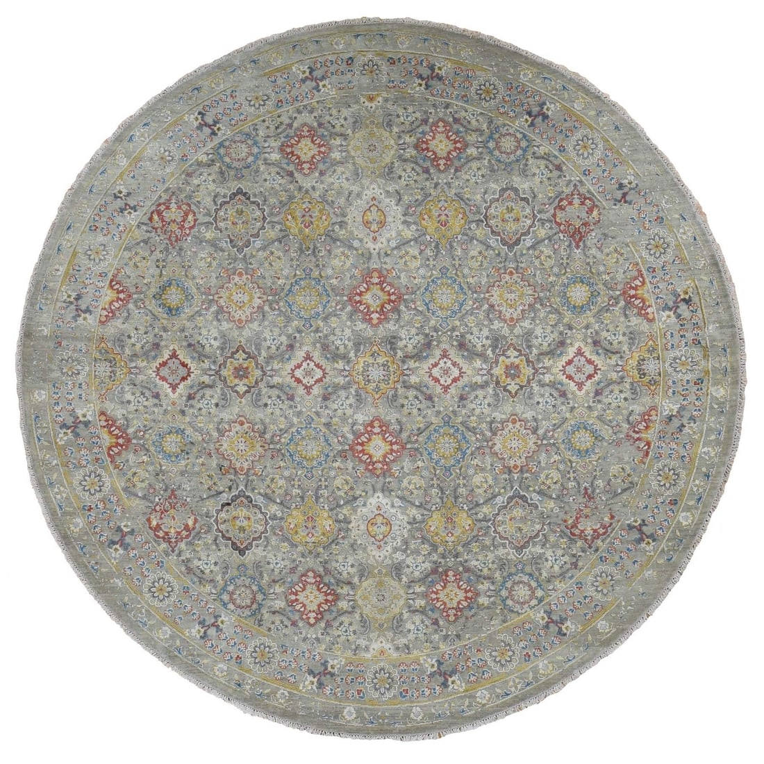 Rug 10'x10' Gray THE SUNSET ROSETTES Silk and Wool Hand Knotted Round: Rug 10'x10' Gray THE SUNSET ROSETTES Silk and Wool Hand Knotted Round Experience the timeless beauty of India's rich cultural heritage with this stunning 10'x10' Gray SUNSET ROSETTES silk and wool