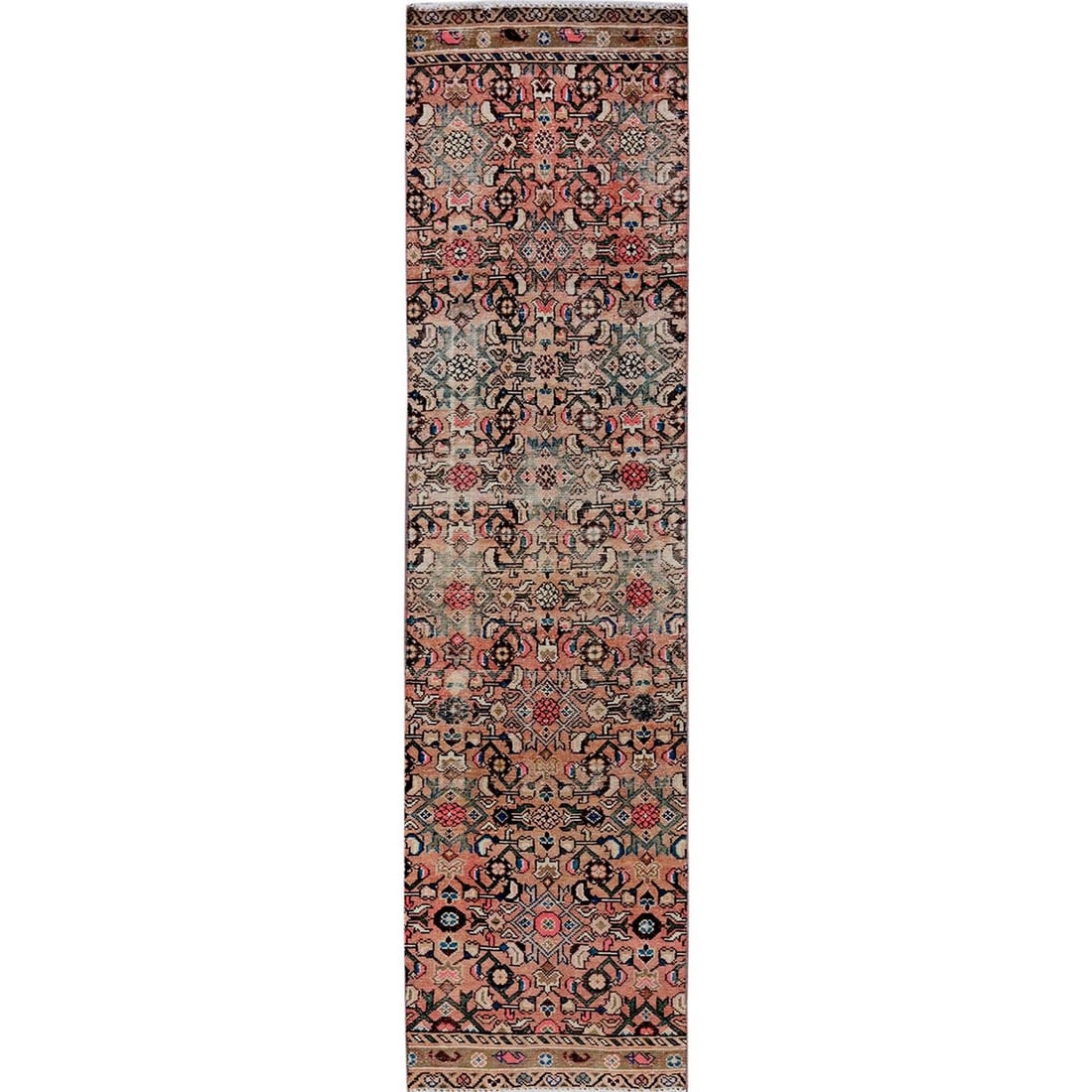 Pink Vintage Zoroastrian Khamadan Hand-Knotted Wool Runner Rug (2'3"x9'2"): Pink Vintage Zoroastrian Khamadan Hand-Knotted Wool Runner Rug (2'3"x9'2") Experience the timeless beauty of a vintage Zoroastrian Khamadan hand-knotted wool runner, crafted in Turkey in 1960. This