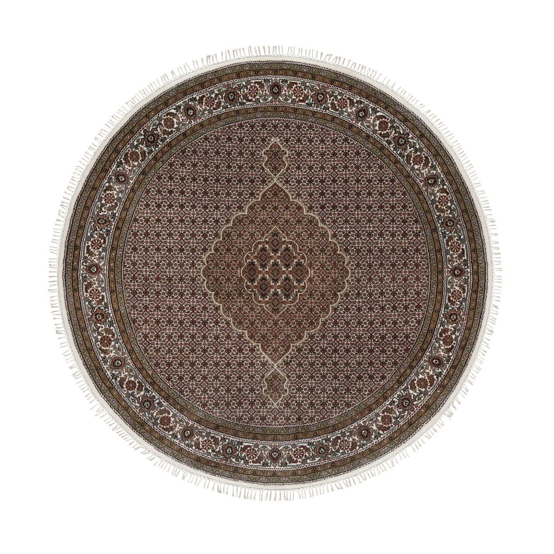 Rug 7'6"x7'6" White Tebraz Mahi with Fish Design Hand Knotted Wool Round: Rug 7'6"x7'6" White Tebraz Mahi with Fish Design Hand Knotted Wool Round Experience the timeless beauty of Indian craftsmanship with this stunning 7'6"x7'6" hand-knotted wool rug, featuring an intrica