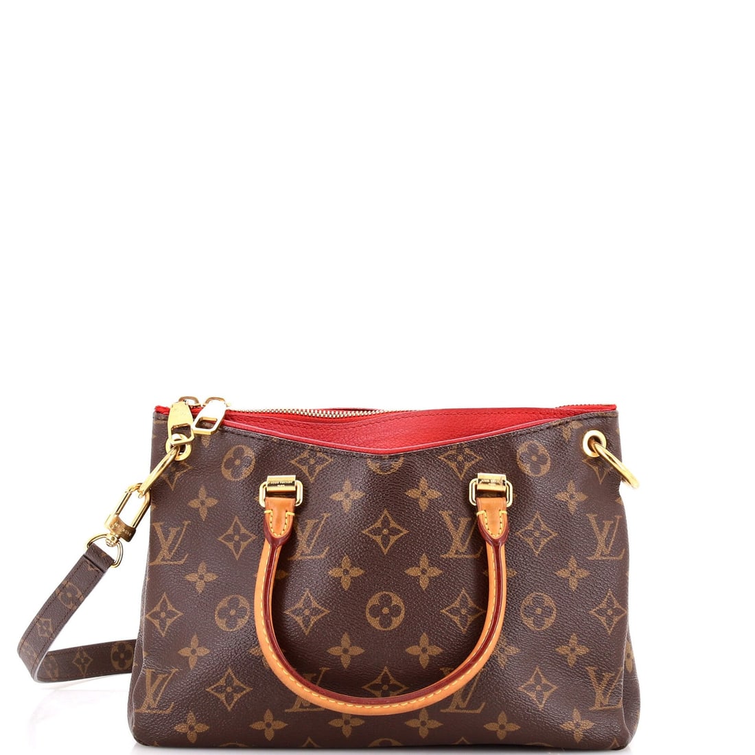 Louis Vuitton Pallas Tote - Monogram Canvas and Leather BB: Louis Vuitton Pallas Tote - Monogram Canvas and Leather BB Experience the timeless elegance of Louis Vuitton's iconic Pallas Tote, boasting a striking red monogram canvas exterior and supple leather