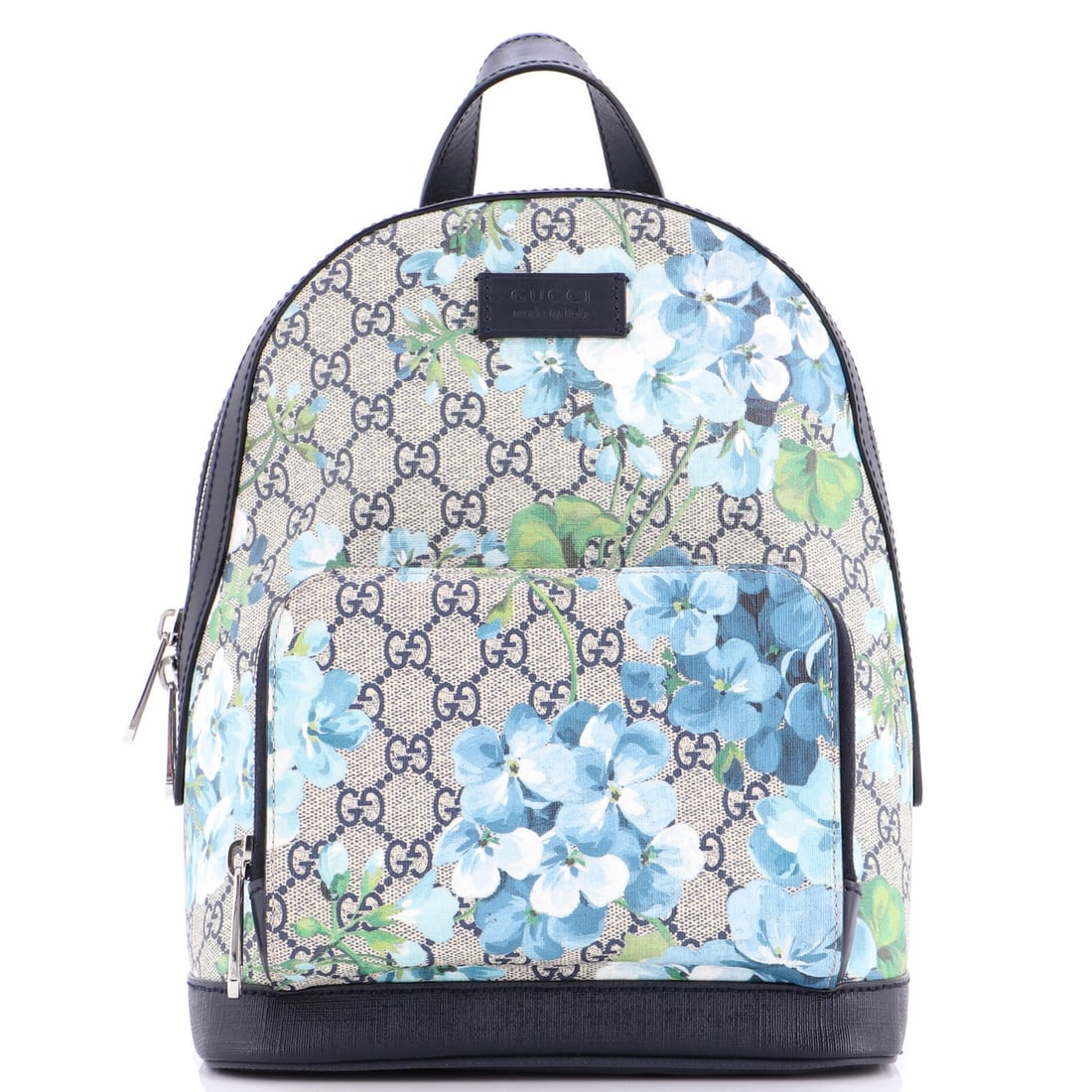 Gucci Small Blooms Print GG Coated Canvas Backpack with Zip Pocket: Gucci Small Blooms Print GG Coated Canvas Backpack with Zip Pocket Elevate your everyday with the Gucci Small Blooms Print GG Coated Canvas Backpack, boasting a vibrant blue hue and striking blooms
