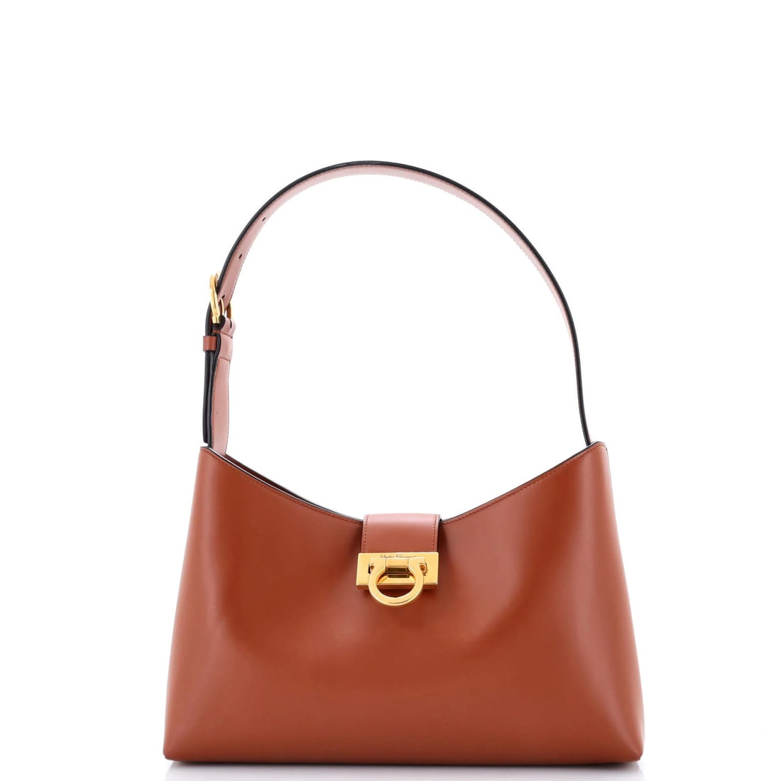Salvatore Ferragamo Trifolio Leather Shoulder Bag East/ West: Salvatore Ferragamo Trifolio Leather Shoulder Bag East/ West The Salvatore Ferragamo Trifolio Leather Shoulder Bag is a timeless piece of luxury, boasting rich brown leather and sleek gold hardware