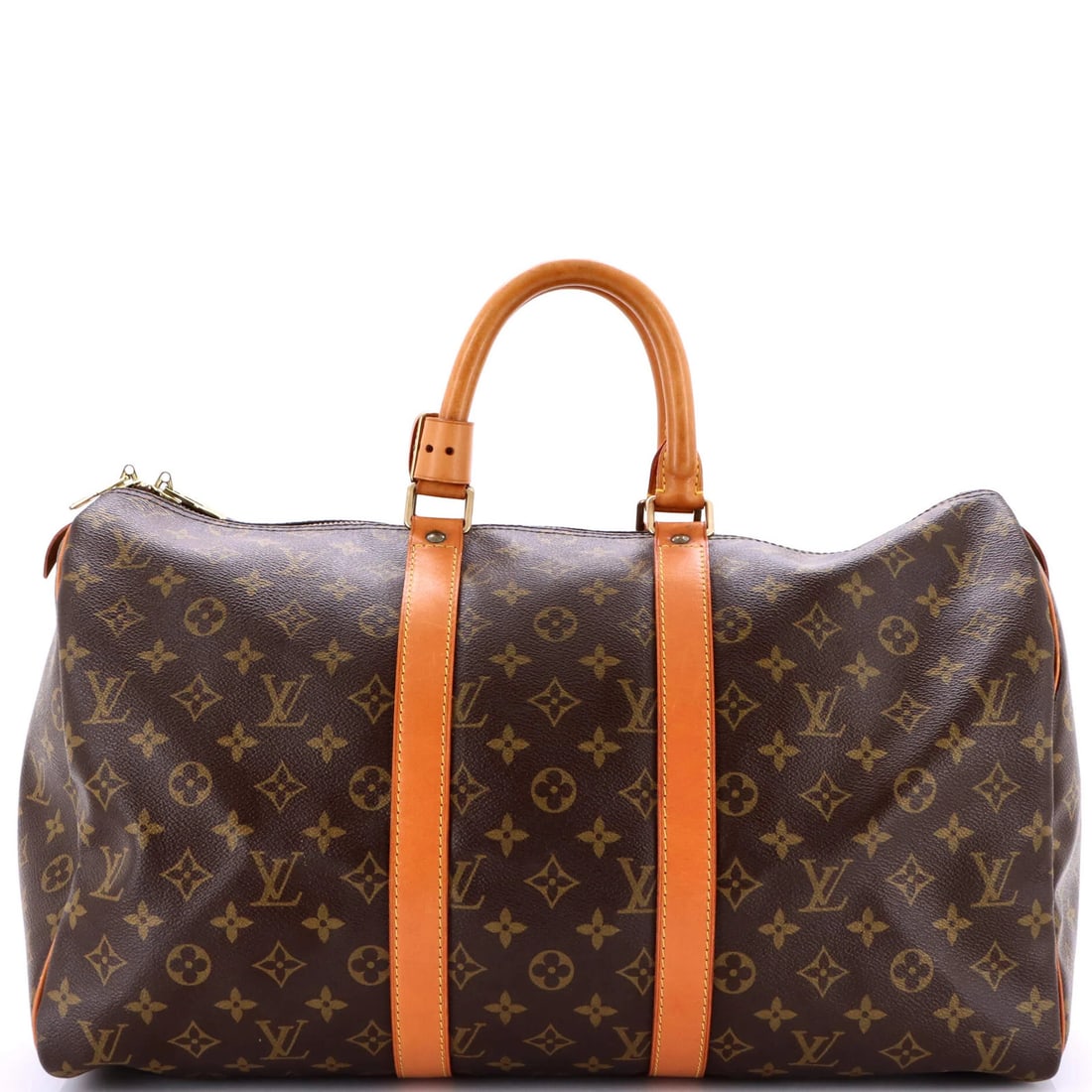 Louis Vuitton Keepall Bag - Monogram Canvas 45: Louis Vuitton Keepall Bag - Monogram Canvas 45 Experience the timeless elegance of Louis Vuitton's iconic Keepall Bag, crafted from rich brown monogram canvas that exudes sophistication and