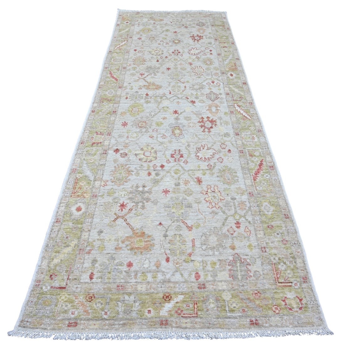 Rug 4'x11'9" White Hand Knotted Angora Oushak Leaf Design All Wool Runner: Rug 4'x11'9" White Hand Knotted Angora Oushak Leaf Design All Wool Runner Experience the timeless beauty of traditional Afghan craftsmanship with this stunning 4'x11'9" White Hand Knotted Angora